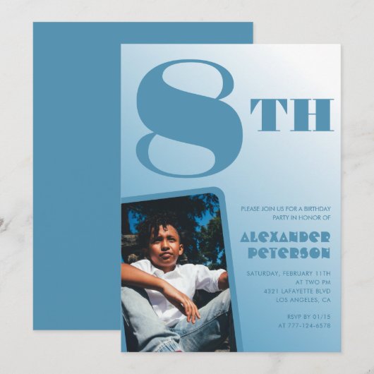Blue Gradient Invitations de 8e anniversaire Photo (Devant / Derrière)