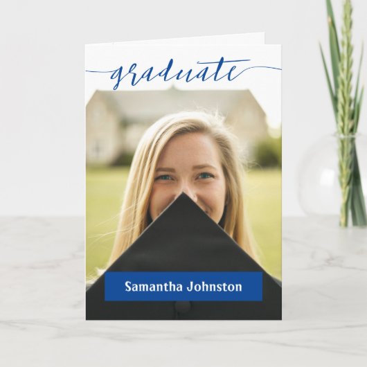 Blue Graduate Script Modern Photo Invitation (Devant)