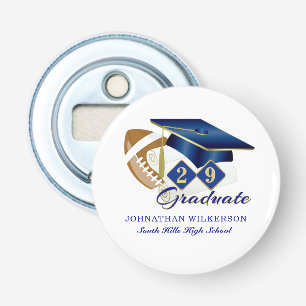 Blue Graduation Cap Football, op maat gemaakt Button Flesopener