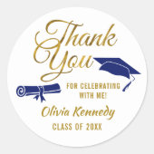 Blue Graduation Cap Gold Thank You Script Favor Ronde Sticker (Voorkant)