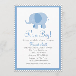 Blue Gray Chevron Elephant Boy Baby shower nodigt  Kaart