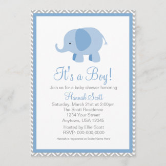 Blue Gray Chevron Elephant Boy Baby shower nodigt  Kaart