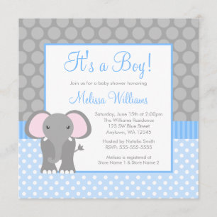 Blue Gray Elephant Polka Dot Boy Baby shower Kaart
