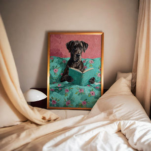 Blue Great Dane Dog Het lezen van een boek Poster
