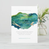 Blue Green and Gold Splatter Wedding Invitation Kaart (Staand voorkant)