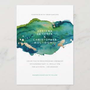 Blue Green and Gold Splatter Wedding Invitation Kaart