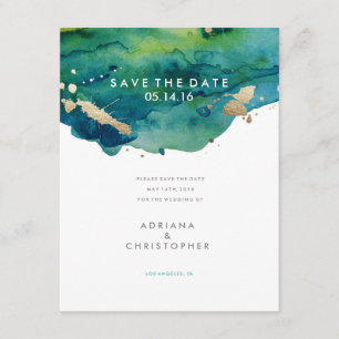 Blue Green and Gold Splatter Wedding Save the Date