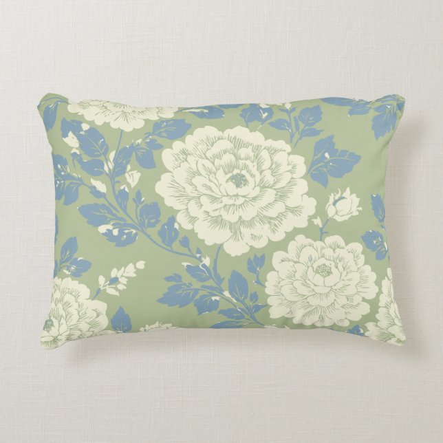 Blue Green Block Print Floral Round Pouf Accent Kussen (Voorkant)