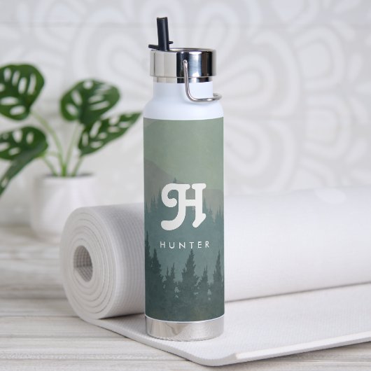 Blue Green Boho Monogram Mountain & Forest Retro Waterfles (Yoga)