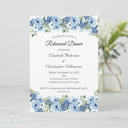 Blue Green Boho Waterverf Floral Rehearsal Dinner Kaart (Staand voorkant)