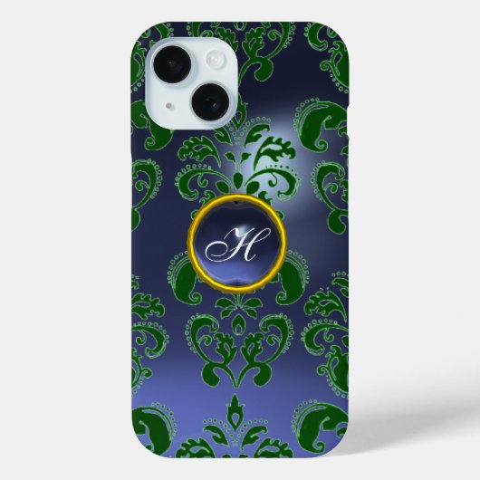 BLUE GREEN DAMASK GEMSTONE MONOGRAM Floral Case-Mate iPhone Case (Achterkant)