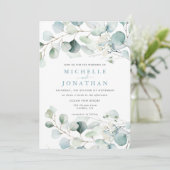 Blue Green Eucalyptus Bouquet Wedding Invitation Kaart (Staand voorkant)