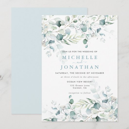Blue Green Eucalyptus Bouquet Wedding Invitation Kaart (Voorkant / Achterkant)