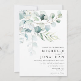 Blue Green Eucalyptus Bouquet Wedding Invitation Kaart