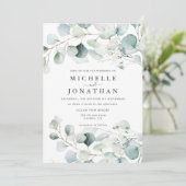 Blue Green Eucalyptus Bouquet Wedding Invitation Kaart (Staand voorkant)