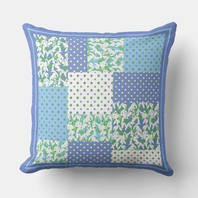 Blue Green Faux Patchwork Snowdrops and Polkas Kussen (Voorkant)
