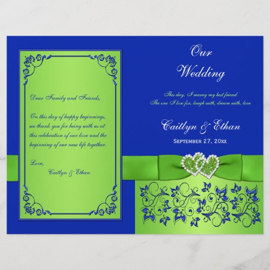 Blue, Green Floral Hearts Programme de mariage (Devant)