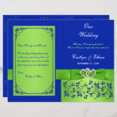 Blue, Green Floral Hearts Programme de mariage (Devant / Derrière)