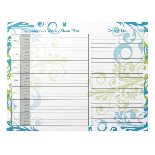 Blue Green Floral Weekly Personalized Menu Plan Notitieblok (Voorkant)