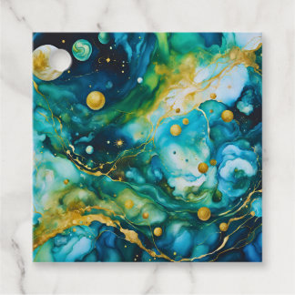 Blue Green Gold Alcohol Ink Cosmos Bedankjes Labels