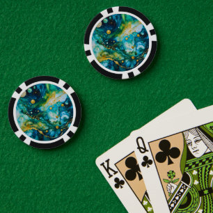 Blue Green Gold Alcohol Ink Cosmos Poker Chips