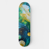 Blue Green Gold Alcohol Ink Cosmos Skateboard (Voorkant)
