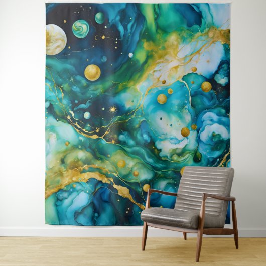 Blue Green Gold Alcohol Ink Cosmos Wandkleed (In situ)