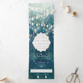 Blue Green Gold Rustic Chic Forest Wedding Drieluik Uitnodiging