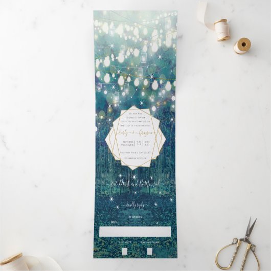 Blue Green Gold Rustic Chic Forest Wedding Drieluik Uitnodiging (Binnen)
