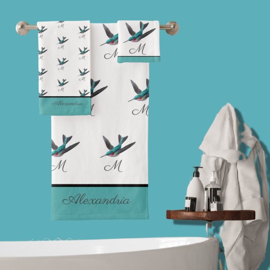 Blue Green Hummingbird waterverf Monogram initiaal Bad Handdoek