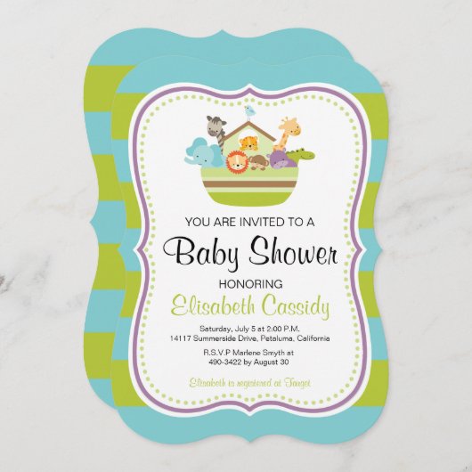 Blue Green, Invitation Baby shower d'arche de Brac (Devant / Derrière)