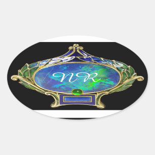 BLUE GREEN OPAL, ART NOUVEAU GOLD JEWEL MONOGRAM OVALE STICKER