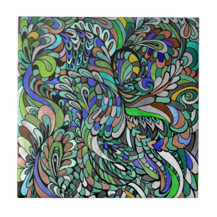 Blue Green Peacock Multicolor Funky Paisley art Tegeltje