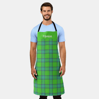 Blue &green Plaid tartan monogram name Schort