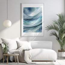 Blue Green Raindrops Abstracte Waterverf Poster