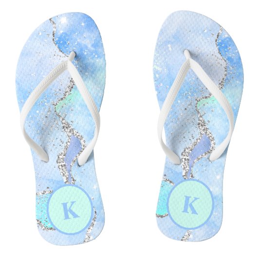 Blue Green Silver Glitter Marble Swirl Monogram Teenslippers (Voetbed)