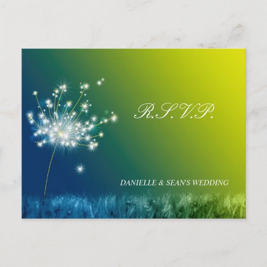 Blue Green Spring Dandelion Wedding RSVP Uitnodiging Briefkaart (Voorkant)