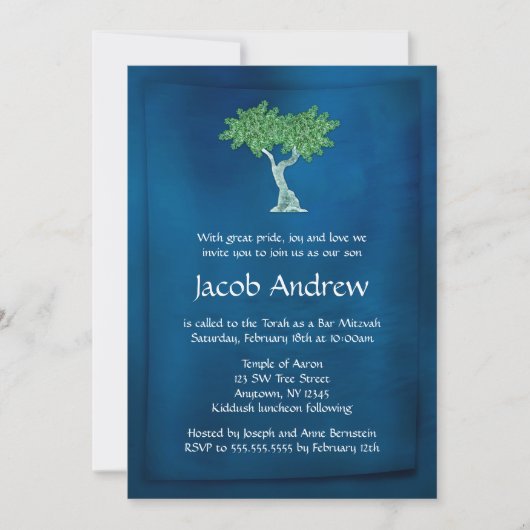 Blue Green Tree of Life Bar Mitzvah Invitations (Devant)