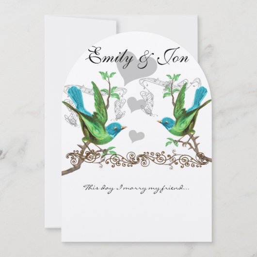 Blue & Green Vintage Birds Wedding Invitation (Dos)