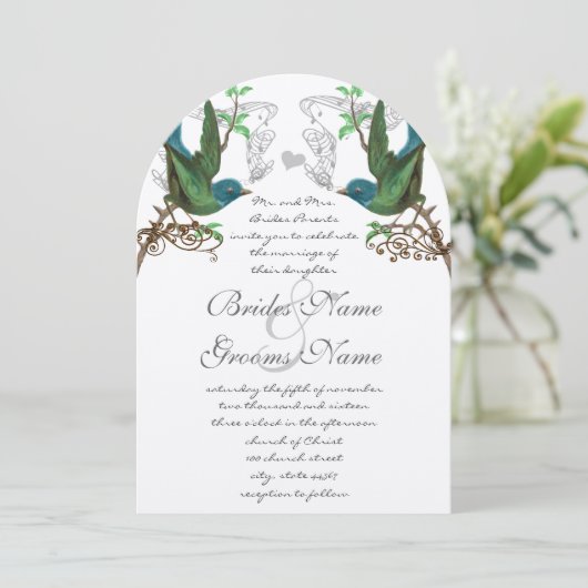 Blue & Green Vintage Birds Wedding Invitation (Debout devant)