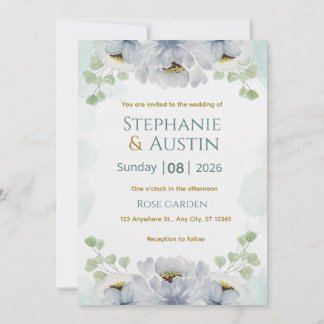 Blue Green Watercolor Floral Wedding Invitation El Kaart