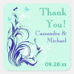 Blue Green White Aqua Floral 1,5-inch bruiloft Sti Vierkante Sticker
