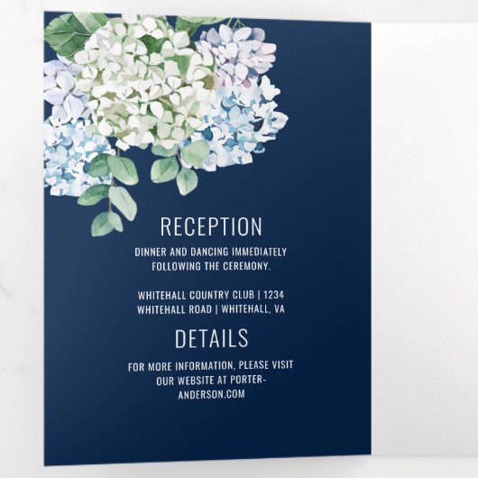 Blue Green White Hydrangeas op marineverbinding Drieluik Uitnodiging (Binnenzijde eerst)