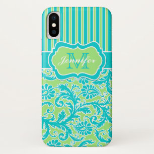 Blue, Green, White Striped Damask iPhone X Hoesje