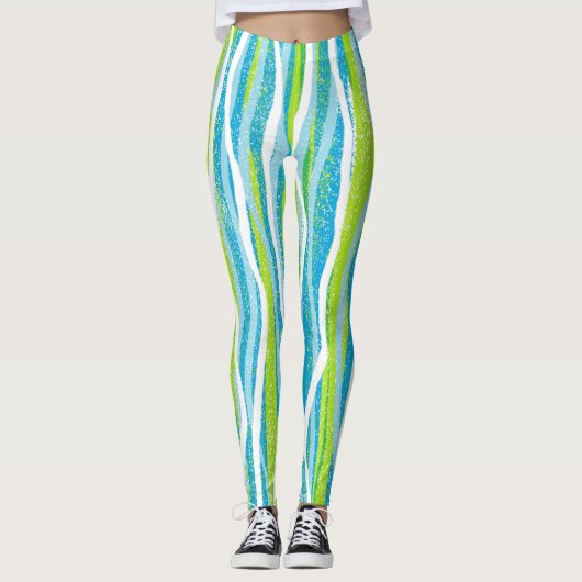 Blue Green White Striped Quality Workout Leggings (Voorkant)