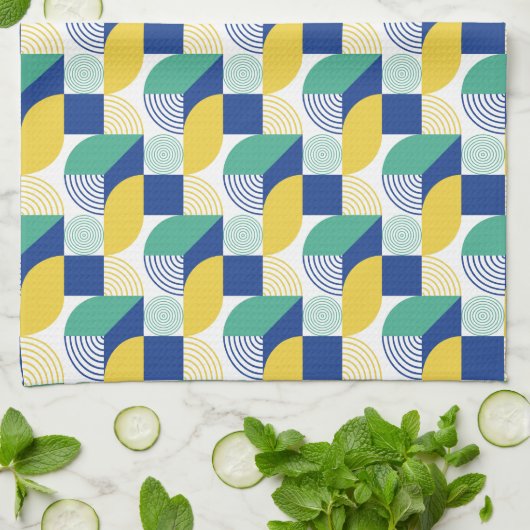 Blue Green Yellow Abstract Geometric Pattern Theedoek (Gevouwen)