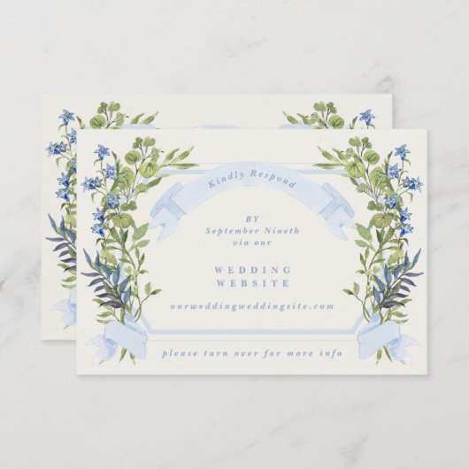 blue greenery crest website QR CODE wedding RSVP Kaart (Voorkant / Achterkant)