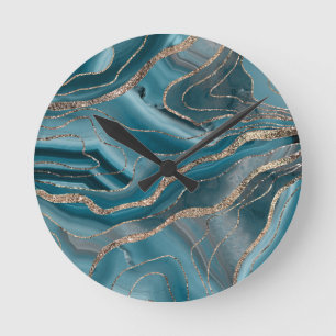 Blue Grey Agate Gold Glitter Glam #1 Ronde Klok