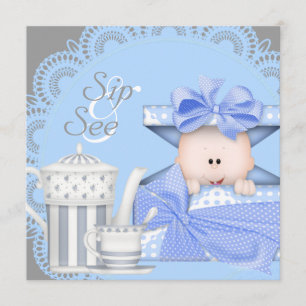Blue Grey Baby Boy Sip Et Voir Les Invitations