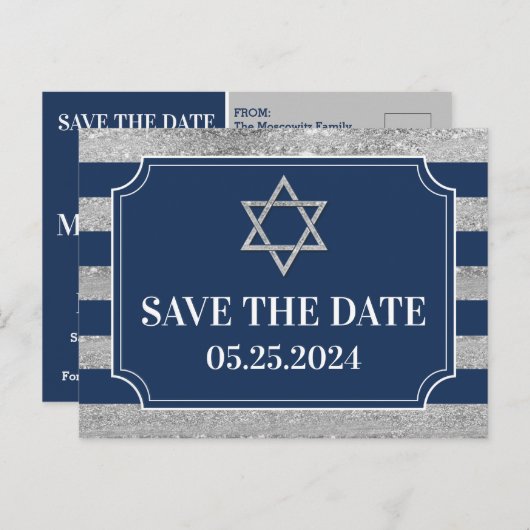 Blue, Grey Bar Mitzvah Enregistrer la date Carte p (Devant / Derrière)